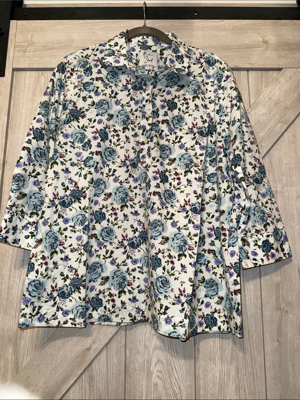 The Shirt by Rochelle Behrens White Shirt with Blue Floral Print